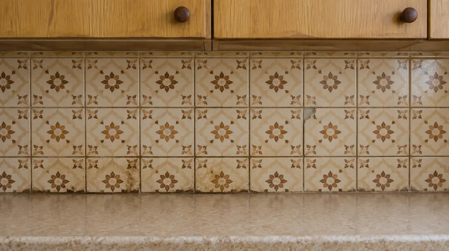 A dated patterned kitchen splashback with stained grout