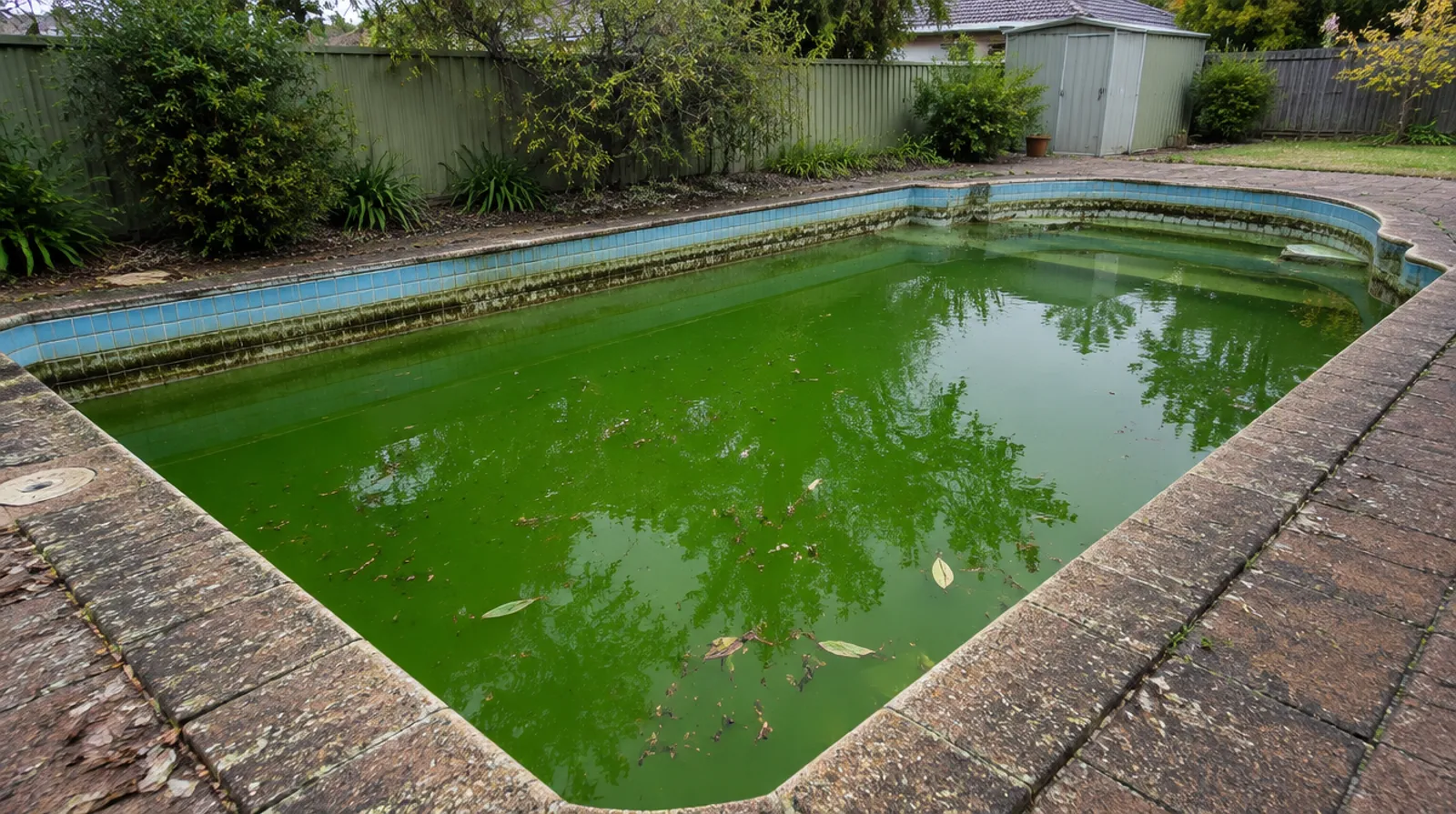 A backyard pool gone green with algae and floating leaves