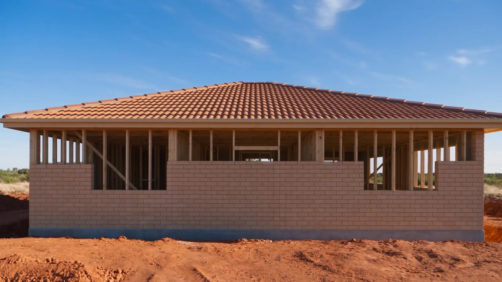 Time-lapse of a house being built, from bare slab to frame to finished roof