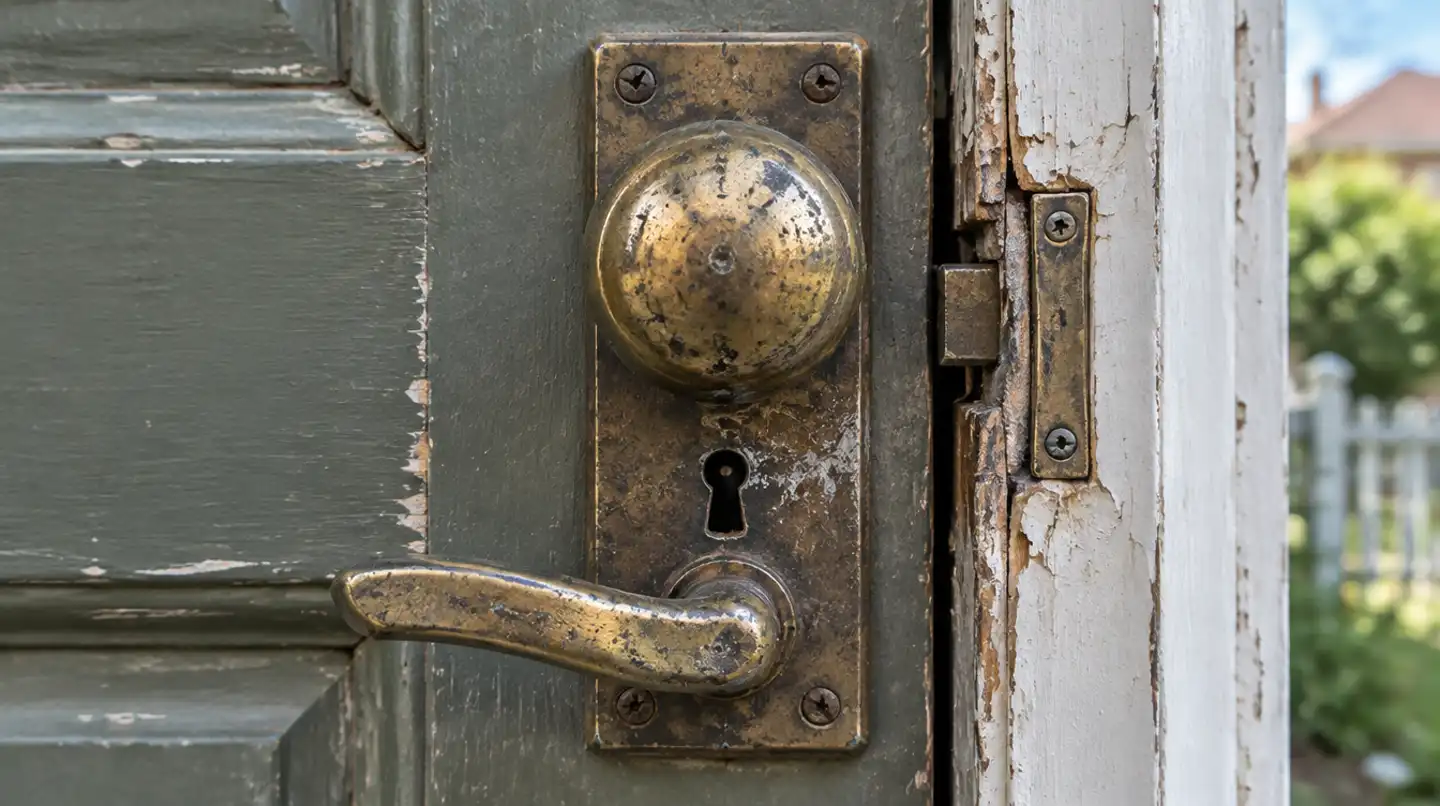 A worn, tampered entry lock on a timber front door