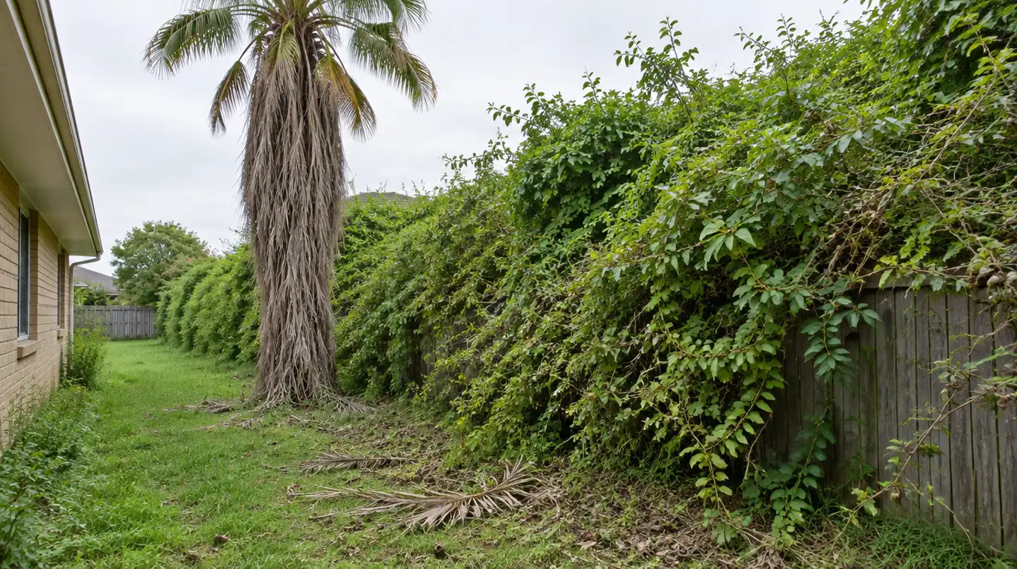 A palm full of dead fronds beside a wildly overgrown hedge