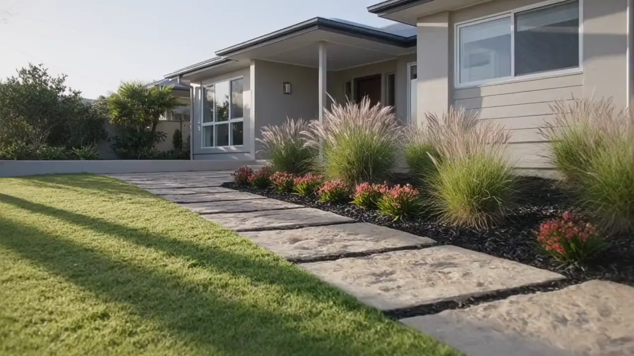 A slow glide along a freshly landscaped front garden with native plantings and sandstone steppers