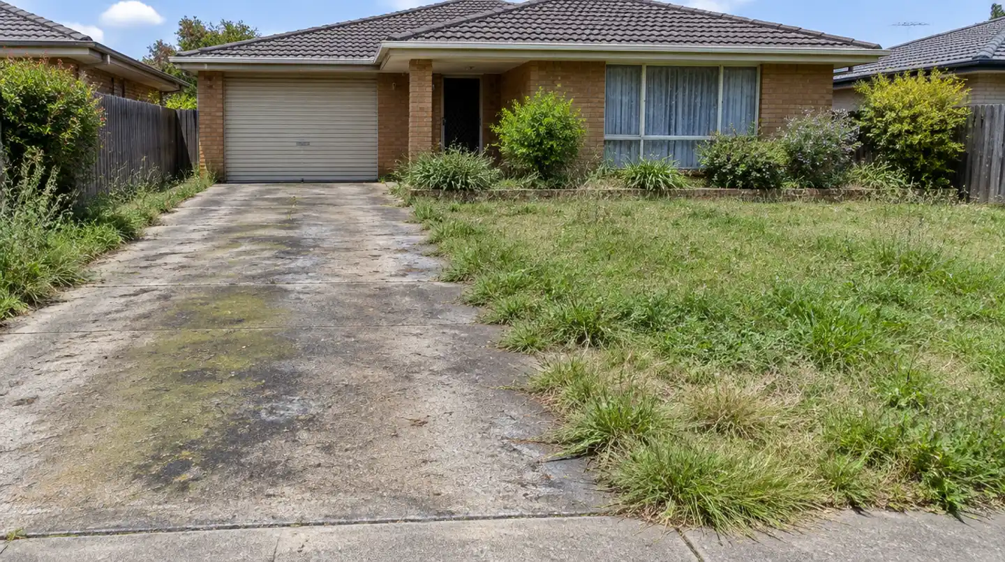 A neglected driveway and overgrown front lawn