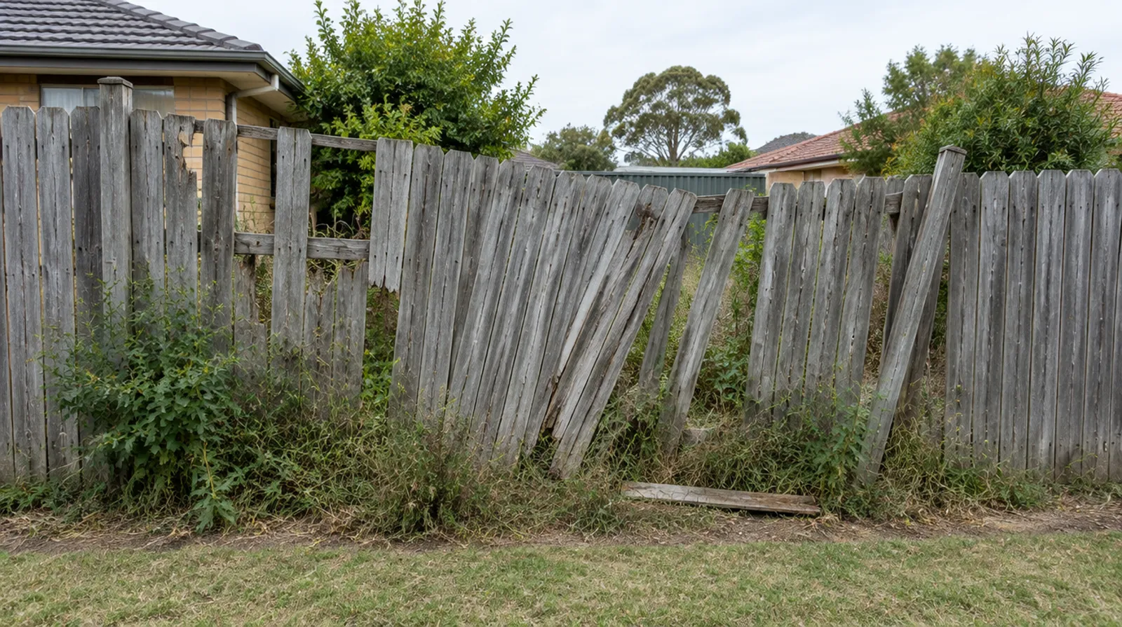 A leaning timber paling fence with split and missing palings