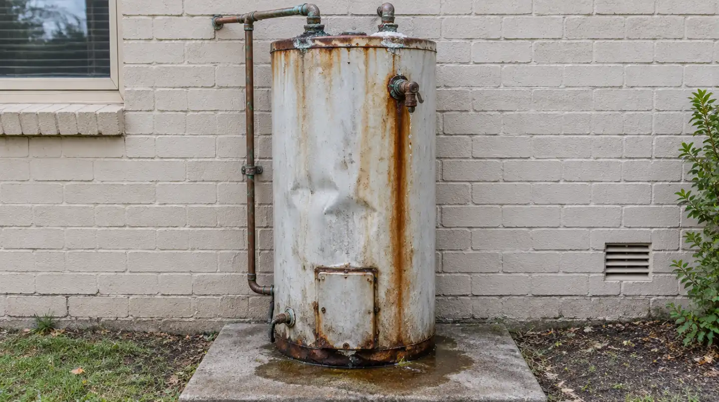 A rusted leaking hot water system on a damp pad