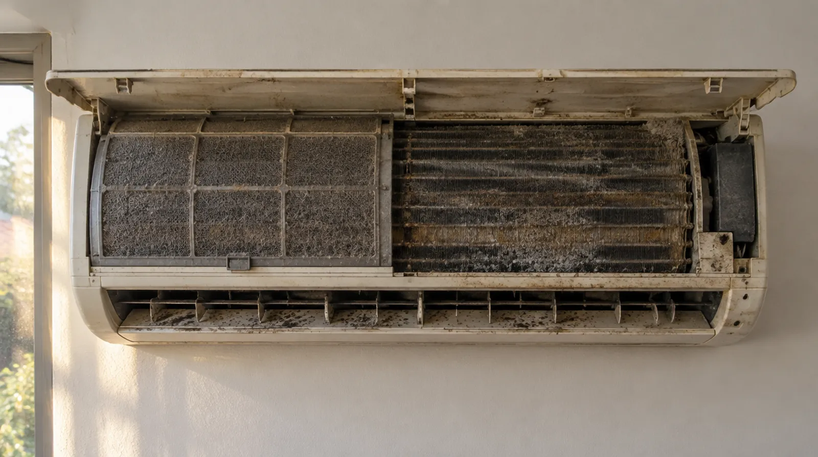A split system air conditioner with a filter and coil thick with dust